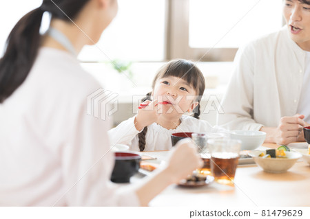 Family girl eating breakfast Family girl eating breakfast 81479629