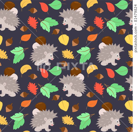 Autumn pattern with hedgehogs, leaves, acorns and mushrooms. Autumn pattern with hedgehogs, leaves, acorns and mushrooms. 81479824
