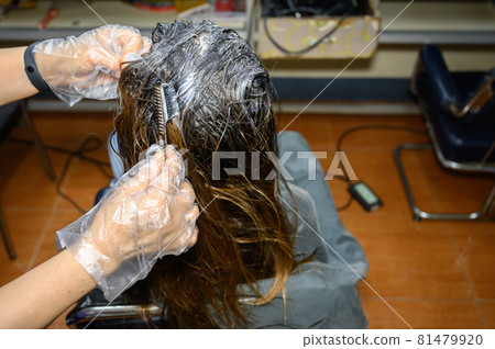 Cropped shot of a hairdresser hands doing colors a client's hair. Hair coloring process is to change to a color regarded as more fashionable or to restore the original hair color. Cropped shot of a hairdresser hands doing colors a client's hair. Hair coloring process is to change to a color regarded as more fashionable or to restore the original hair color. 81479920