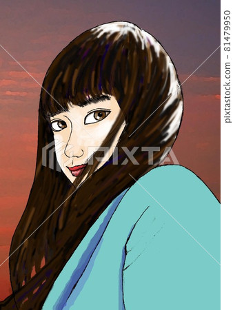 Girl turning around (girl with long hair fluttering in the sunset sky and wind) 81479950