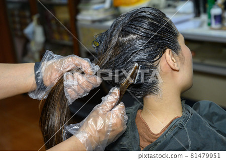 Cropped shot of a hairdresser hands doing colors a client's hair. Hair coloring process is to change to a color regarded as more fashionable or to restore the original hair color. Cropped shot of a hairdresser hands doing colors a client's hair. Hair coloring process is to change to a color regarded as more fashionable or to restore the original hair color. 81479951