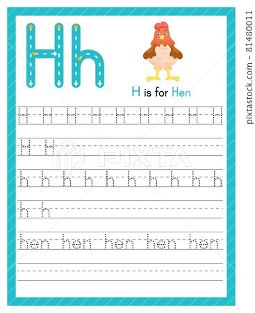 Trace letter H uppercase and lowercase. Alphabet tracing practice preschool worksheet for kids learning English with cute cartoon animal. Activity page for Pre K, kindergarten. Vector illustration 81480011