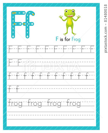 Trace letter F uppercase and lowercase. Alphabet tracing practice preschool worksheet for kids learning English with cute cartoon animal. Activity page for Pre K, kindergarten. Vector illustration 81480018