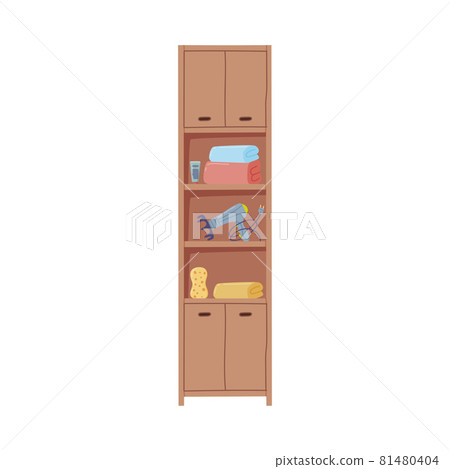 Bathroom Wooden Cabinet with Shelves and Hygienic Accessories Vector Illustration Bathroom Wooden Cabinet with Shelves and Hygienic Accessories Vector Illustration 81480404