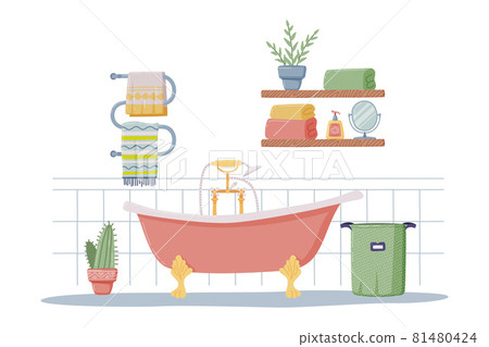 Bathroom or Washroom Interior with Towel Rail, Bathtub and Laundry Basket Vector Illustration Bathroom or Washroom Interior with Towel Rail, Bathtub and Laundry Basket Vector Illustration 81480424