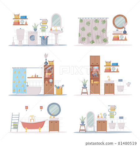 Bathroom or Washroom Interior with Bathtub, Wash Basin and Mirror with Objects for Personal Hygiene Vector Set Bathroom or Washroom Interior with Bathtub, Wash Basin and Mirror with Objects for Personal Hygiene Vector Set 81480519