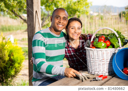 Married couple resting at rustic table after harvesting vegetables 81480662