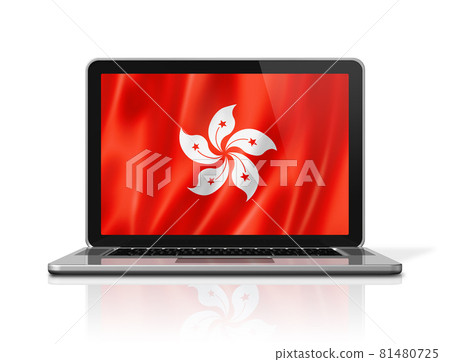 Hong Kong flag on laptop screen isolated on white. 3D illustration Hong Kong flag on laptop screen isolated on white. 3D illustration 81480725
