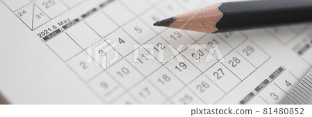 Sharp black pencil lying on calendar closeup 81480852