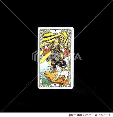 Golden classical Tarot card the Fool, esoteric concept, fortune telling 81480881