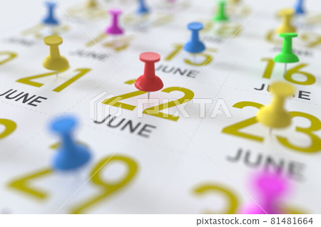 June 22 date and push pin on a calendar, 3D rendering June 22 date and push pin on a calendar, 3D rendering 81481664