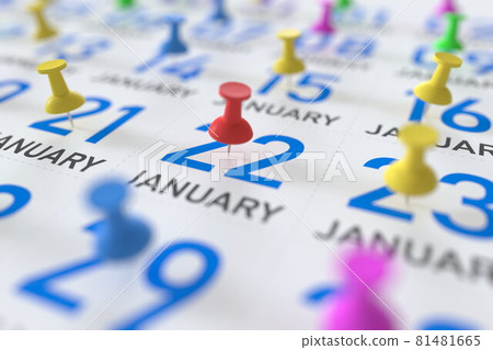January 22 date and push pin on a calendar, 3D rendering January 22 date and push pin on a calendar, 3D rendering 81481665