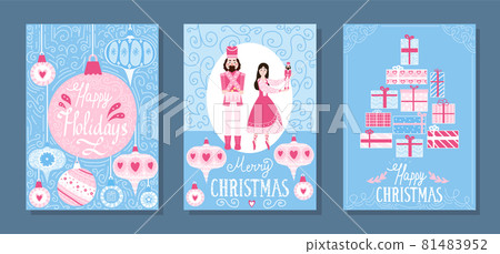 Set of christmas greeting cards with nutcracker and balerina princes with lettering and xmas toys in childish style Set of christmas greeting cards with nutcracker and balerina princes with lettering and xmas toys in childish style 81483952