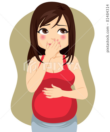 Young pregnant woman suffering heartburn acid reflux 81484314