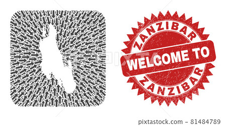 Welcome Grunge Stamp Seal and Zanzibar Island Map Navigation Stencil Mosaic 81484789