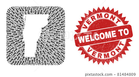 Welcome Grunge Seal and Vermont State Map Navigation Stencil Mosaic 81484809