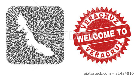 Welcome Scratched Stamp and Veracruz State Map Navigation Subtracted Mosaic 81484810