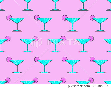 Cocktail glass seamless pattern. Martini glass pixel art. 8 bit graphic in the style of video games from the 90s. Design for printing, wrapping and advertising. Vector illustration Cocktail glass seamless pattern. Martini glass pixel art. 8 bit graphic in the style of video games from the 90s. Design for printing, wrapping and advertising. Vector illustration 81485104