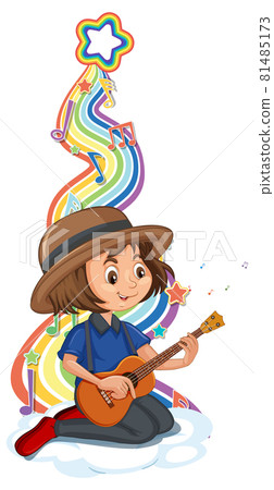 Girl playing guitar with melody symbols on rainbow wave Girl playing guitar with melody symbols on rainbow wave 81485173