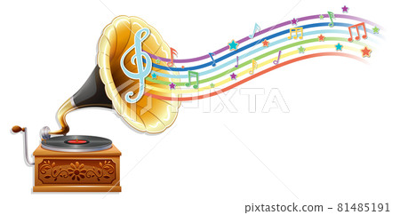 Gramophone with melody symbols on rainbow wave Gramophone with melody symbols on rainbow wave 81485191