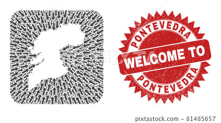 Welcome Watermark Stamp and Pontevedra Province Map Arrow Stencil Mosaic 81485657