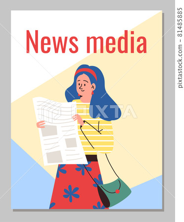 News media banner with woman reading newspaper, flat vector illustration. 81485885