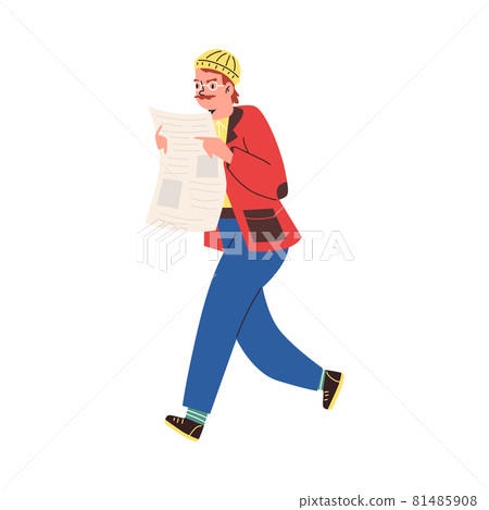 Man reading a newspaper on the run, flat cartoon vector illustration isolated. 81485908