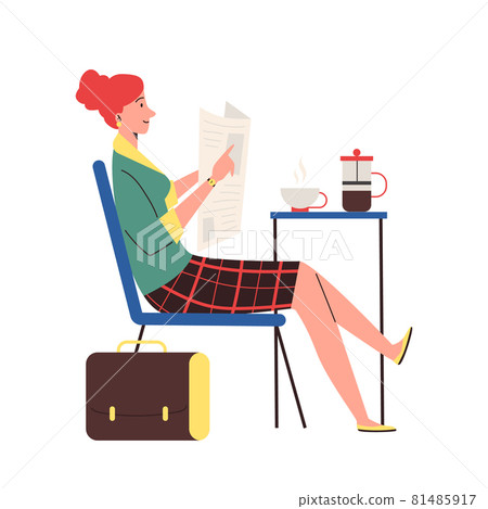 Woman enjoying her morning newspaper, flat vector illustration isolated. 81485917
