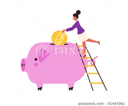 Business woman putting money into piggy bank, flat vector illustration isolated. Business woman putting money into piggy bank, flat vector illustration isolated. 81485962