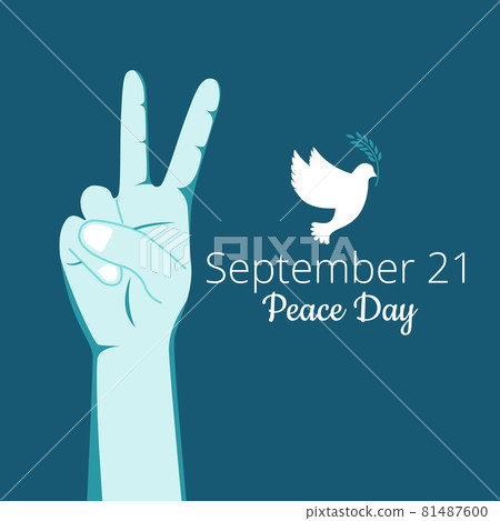 Man hand gesturing peace sign V with pigeon 81487600