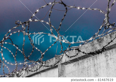 Barbed metal wire fence with concrete fence of a prison or closed object against a cloudy blue sky Barbed metal wire fence with concrete fence of a prison or closed object against a cloudy blue sky 81487619
