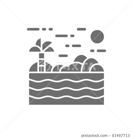 Beach with palm, tropic island, Thailand shore grey icon. 81487713