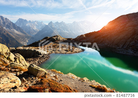 Sunny day on Lac Blanc lake in France Alps Sunny day on Lac Blanc lake in France Alps 81487716
