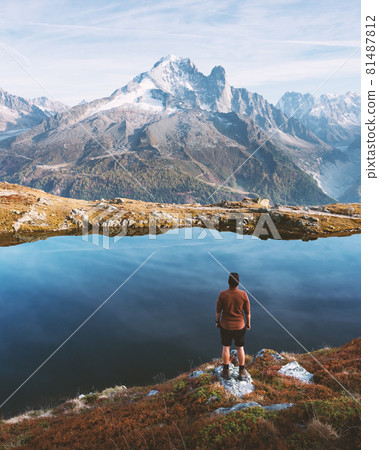 Amazing view on Monte Bianco mountains range with tourist on a foreground Amazing view on Monte Bianco mountains range with tourist on a foreground 81487812