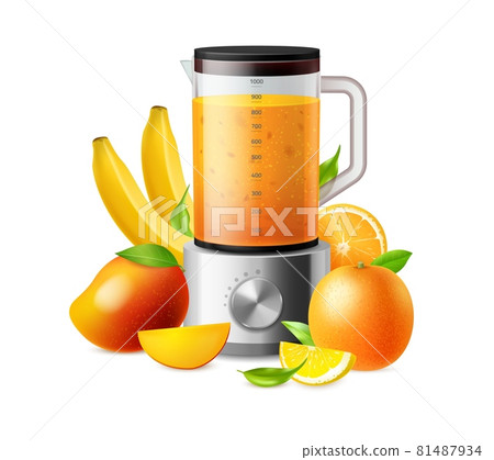 Juicy fruit. Household blender and ripe mangoes or oranges. Kitchen equipment for blending banana and citrus fresh drink. Healthy vegetarian beverage. Vector mixing smoothie concept Juicy fruit. Household blender and ripe mangoes or oranges. Kitchen equipment for blending banana and citrus fresh drink. Healthy vegetarian beverage. Vector mixing smoothie concept 81487934
