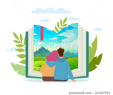 Joint book trip. Cartoon couple reading together. Scenic landscape at paper pages. Man and woman sit hugging and enjoy of literature. Fictional adventure in nature. Vector readers concept 81487952