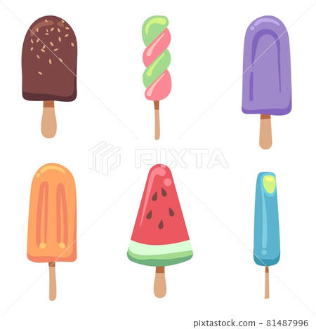 Ice cream flat. Frozen creamy summer desserts, fruit ice and sundae. Sweet chocolate, gelatos and fresh popsicles, bright summertime food. Icons for bar, cafe menu. Vector isolated set 81487996