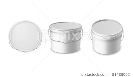 Buckets plastic. Construction liquids containers template, white bucket for different products packaging mockup. Pack with lid and metal handle top and perspective view. Vector realistic set 81488003