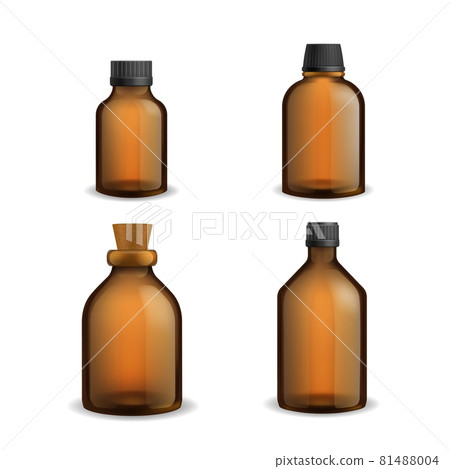 Bottles glass medical. Realistic brown blank transparent packaging with plastic cap, pharmacy syrup bottle 3d. Aromatherapy essential oil and cosmetic flasks different sizes vector set 81488004