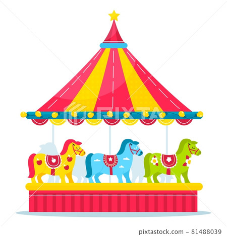 Horses carousel. Kids amusement park roundabout with little ponies different colors and carnival decor. Fair rotating attraction for children leisure. Vector merry-go-round concept 81488039