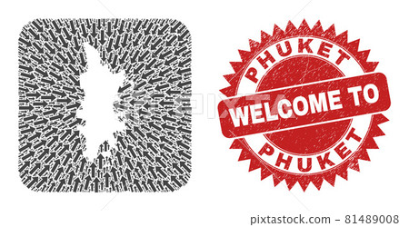 Welcome Rubber Stamp and Phuket Map Arrow Subtracted Mosaic 81489008