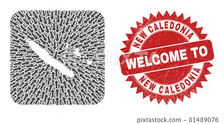 Welcome Scratched Seal and New Caledonia Islands Map Motion Stencil Mosaic 81489076