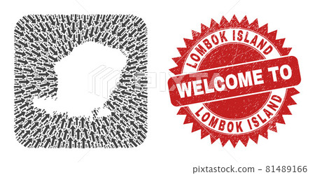 Welcome Rubber Badge and Lombok Island Map Direction Inverted Mosaic 81489166
