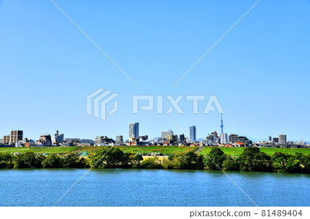 Looking toward JR Koiwa Station over the Edo River (Ichikawa City, Chiba Prefecture) [2020.10] 81489404