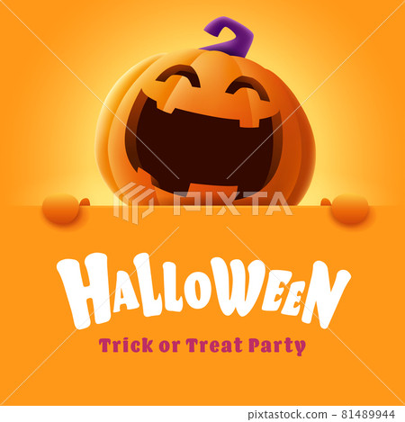 Happy Halloween. 3D illustration of cute Jack O Lantern orange pumpkin character with big greeting signboard on orange background. 81489944