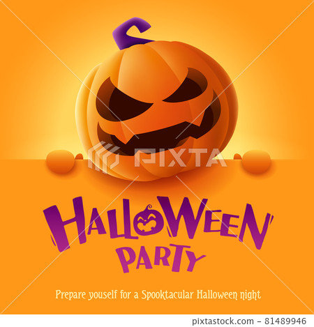 Halloween Party. 3D illustration of cute Jack O Lantern orange pumpkin character with big greeting signboard on orange background. Halloween Party. 3D illustration of cute Jack O Lantern orange pumpkin character with big greeting signboard on orange background. 81489946