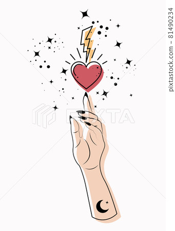 Mystical Woman Hand alchemy esoteric magic space stars, lightning and sacred heart symbol. Colorful Boho style Logo in black outline tattoo icon. Spiritual mystic wicca sign. Vector isolated on white Mystical Woman Hand alchemy esoteric magic space stars, lightning and sacred heart symbol. Colorful Boho style Logo in black outline tattoo icon. Spiritual mystic wicca sign. Vector isolated on white 81490234