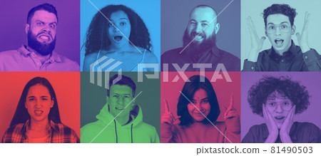 Collage of young multiethnic men with bright facial expression on multicolored background. Trendy, modern duotone effect. Green, red, purple Collage of young multiethnic men with bright facial expression on multicolored background. Trendy, modern duotone effect. Green, red, purple 81490503