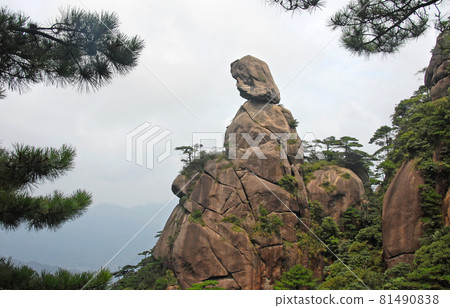 Sanqingshan Mountain in Jiangxi Province, China. View of Goddess Peak, a rocky outcrop on Mount Sanqing representing a woman looking to the distance. Sanqingshan is a Taoist mountain with lush forests 81490838