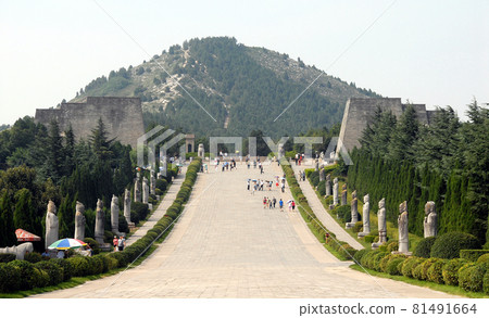Qianling Mausoleum, Shaanxi Province, China. The Qianling Mausoleum is a Tang Dynasty tomb site including the tomb of Wu Zetian, China's only female emperor. View along the Spirit Way. Qianling Mausoleum, Shaanxi Province, China. The Qianling Mausoleum is a Tang Dynasty tomb site including the tomb of Wu Zetian, China's only female emperor. View along the Spirit Way. 81491664